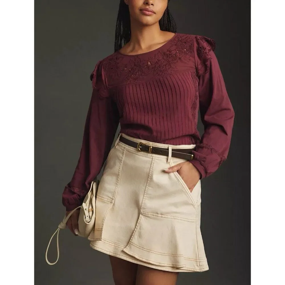 Anthropologie Tiny Top Womens Small Long-Sleeve Crescent Ruffled Lace Blouse NWT
